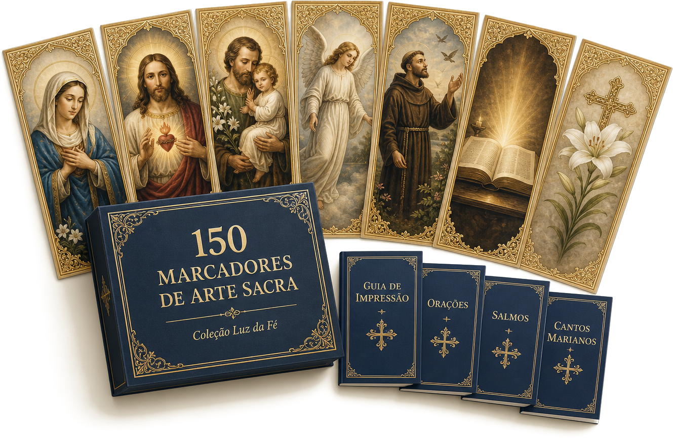 Composição completa: caixa da coleção, leque de marcadores e os 4 bônus da Coleção Luz da Fé.