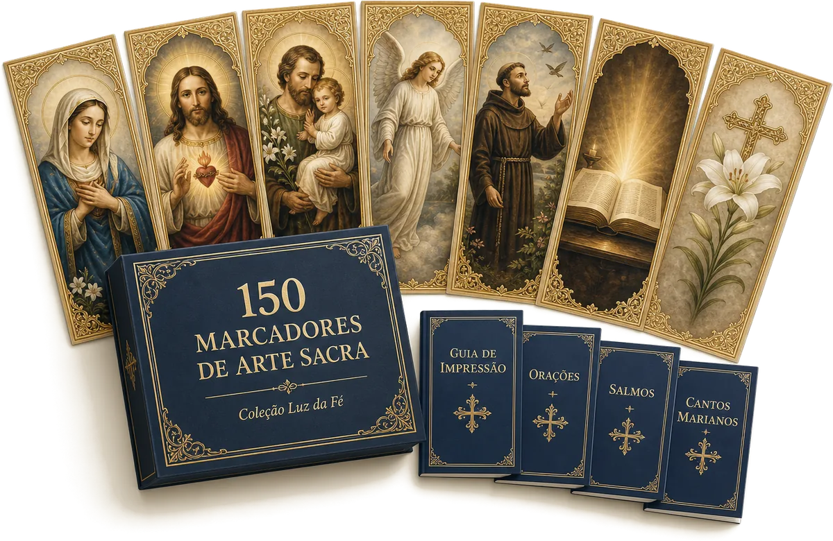 Composição completa: caixa da coleção, leque de marcadores e os 4 bônus da Coleção Luz da Fé.