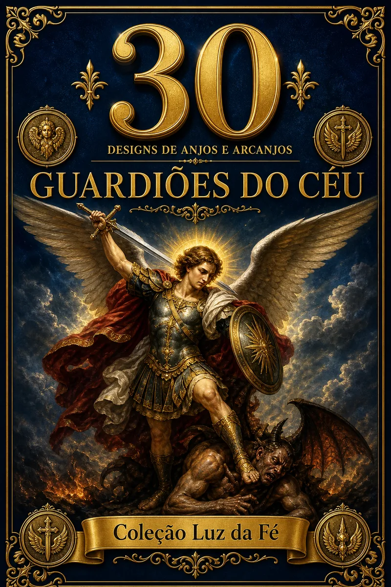 Capa premium do bônus Guardiões do Céu — 30 designs de Anjos e Arcanjos, São Miguel em destaque.