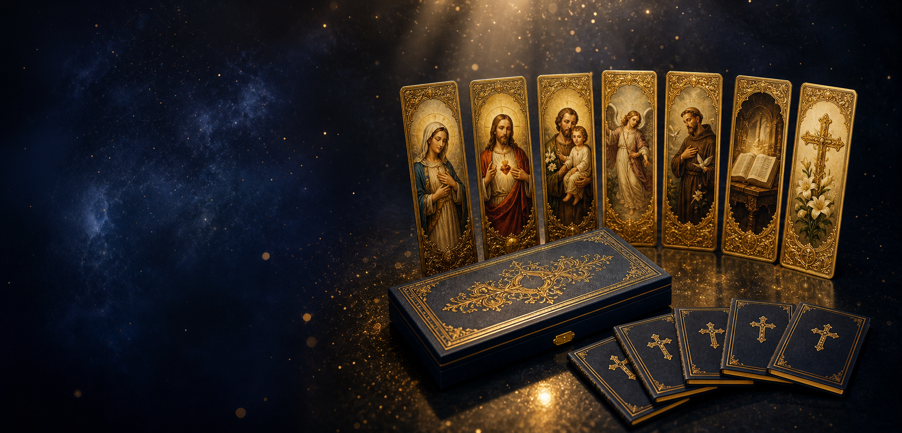 Leque de marcadores de arte sacra com moldura dourada, ao lado do estojo da Coleção Luz da Fé e dos livretos de bônus.