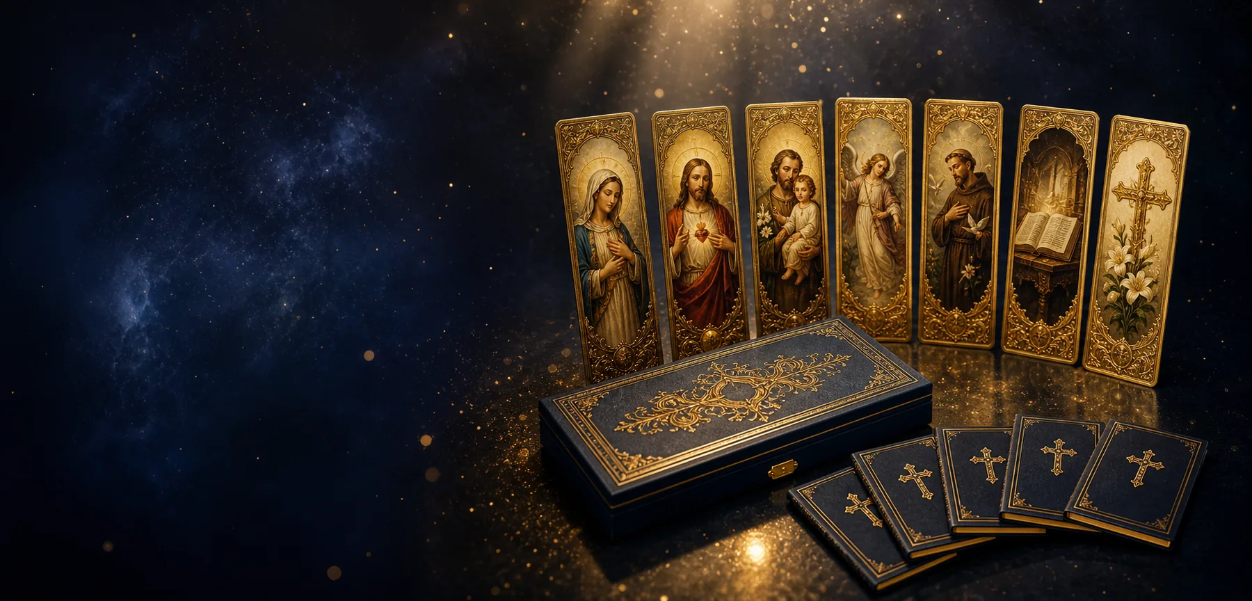 Leque de marcadores de arte sacra com moldura dourada, ao lado do estojo da Coleção Luz da Fé e dos livretos de bônus.