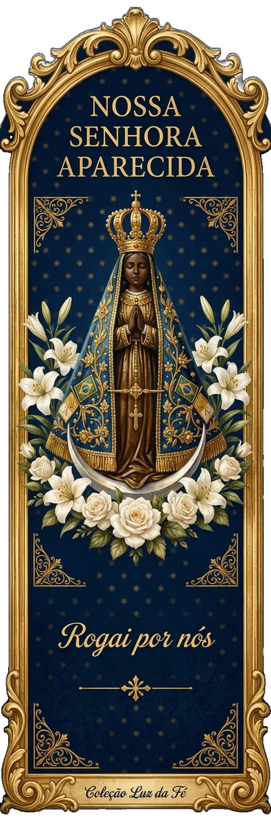 Marcador de Nossa Senhora Aparecida com moldura dourada.