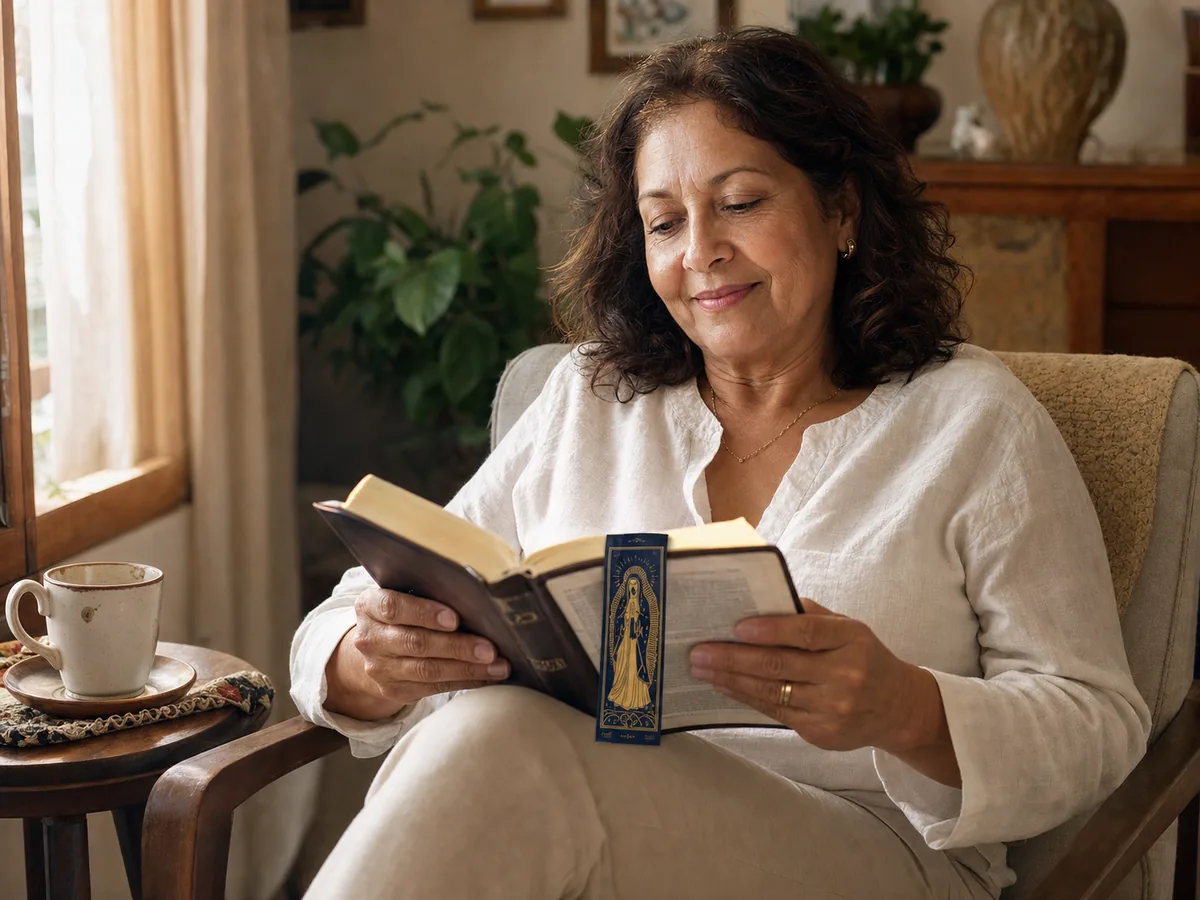 Senhora serena lendo a Bíblia perto da janela, com marcador católico dourado marcando a página.