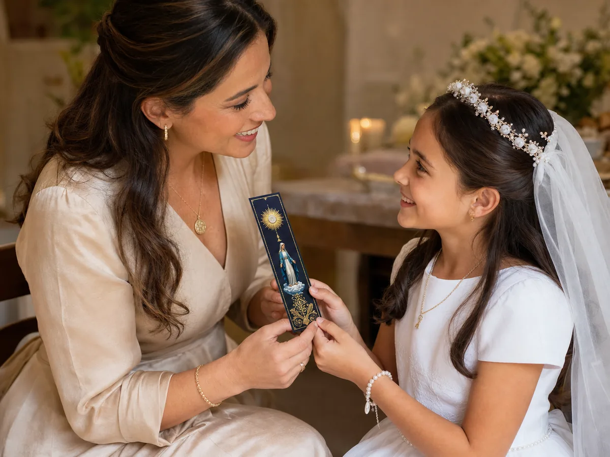 Madrinha entregando um marcador católico de presente para a afilhada, as duas sorrindo.