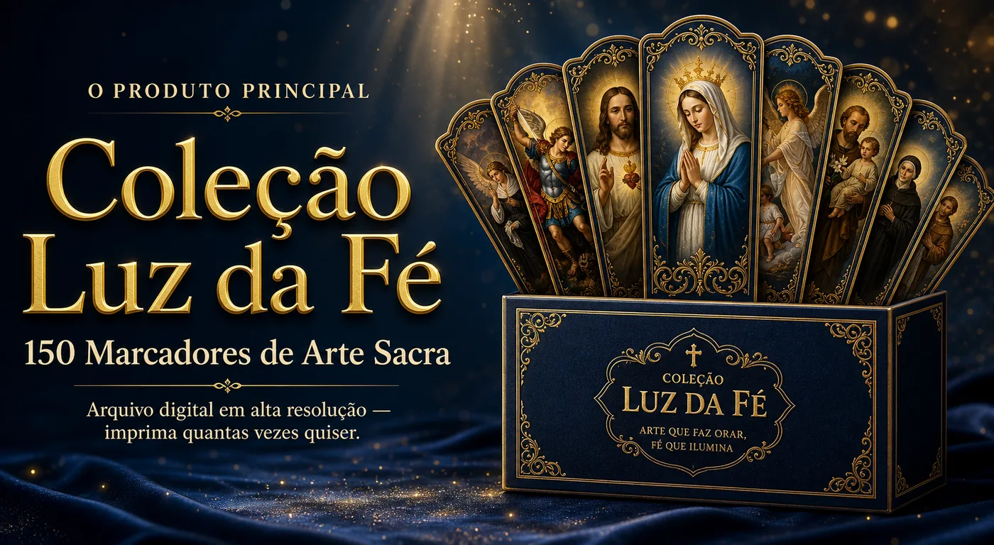 O produto principal: Coleção Luz da Fé — 150 Marcadores de Arte Sacra. Arquivo digital em alta resolução, imprima quantas vezes quiser. Caixa premium com leque de marcadores devocionais.