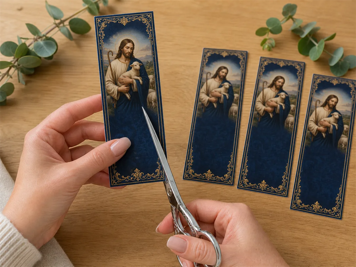 Mãos recortando com tesoura um marcador católico de moldura dourada sobre a mesa.