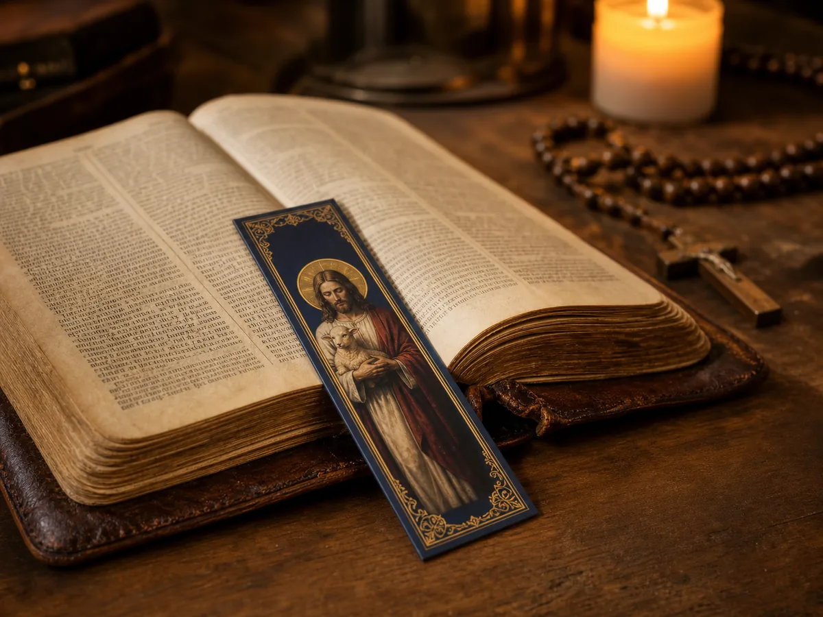 Bíblia antiga aberta com um marcador católico dourado da Coleção Luz da Fé marcando a página, vela acesa e terço ao fundo.